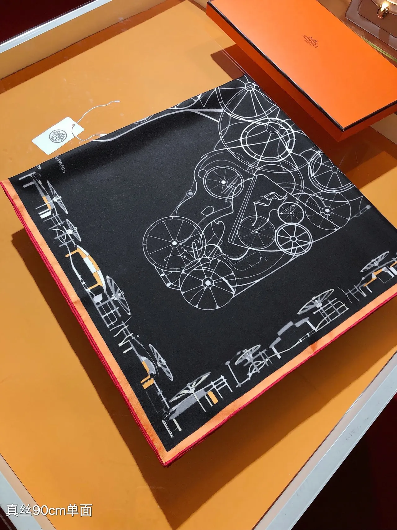 Hermès lenço de seda preto laranja branco com gráficos de arte em linha 7