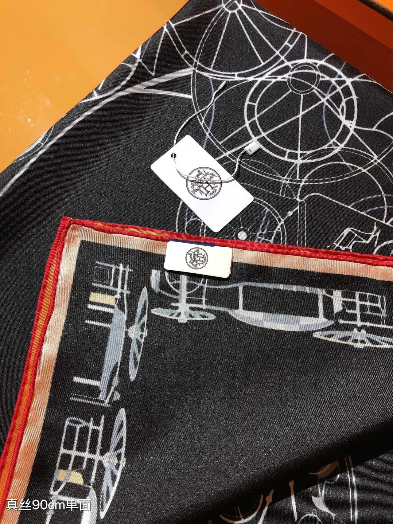 Hermès lenço de seda preto laranja branco com gráficos de arte em linha 8