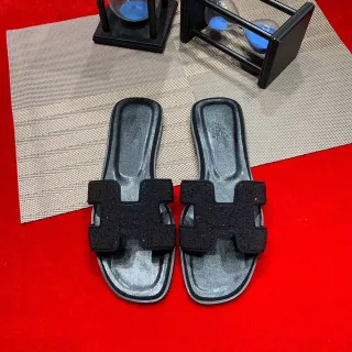 Hermès Black Silver H-Shaped Strap Textured Upper Slippers