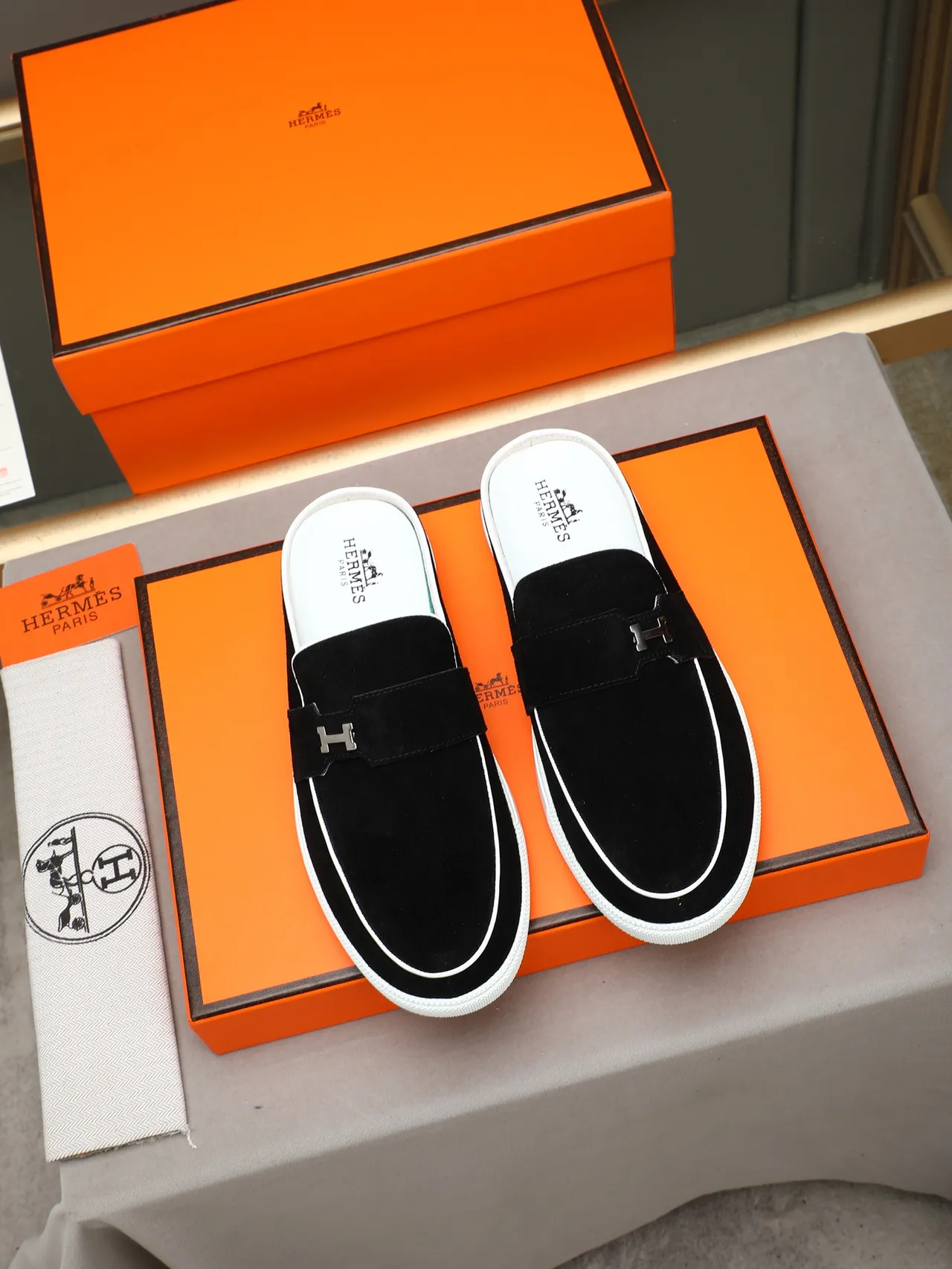 Hermès Black White Suede Contrast Sole Loafer 2