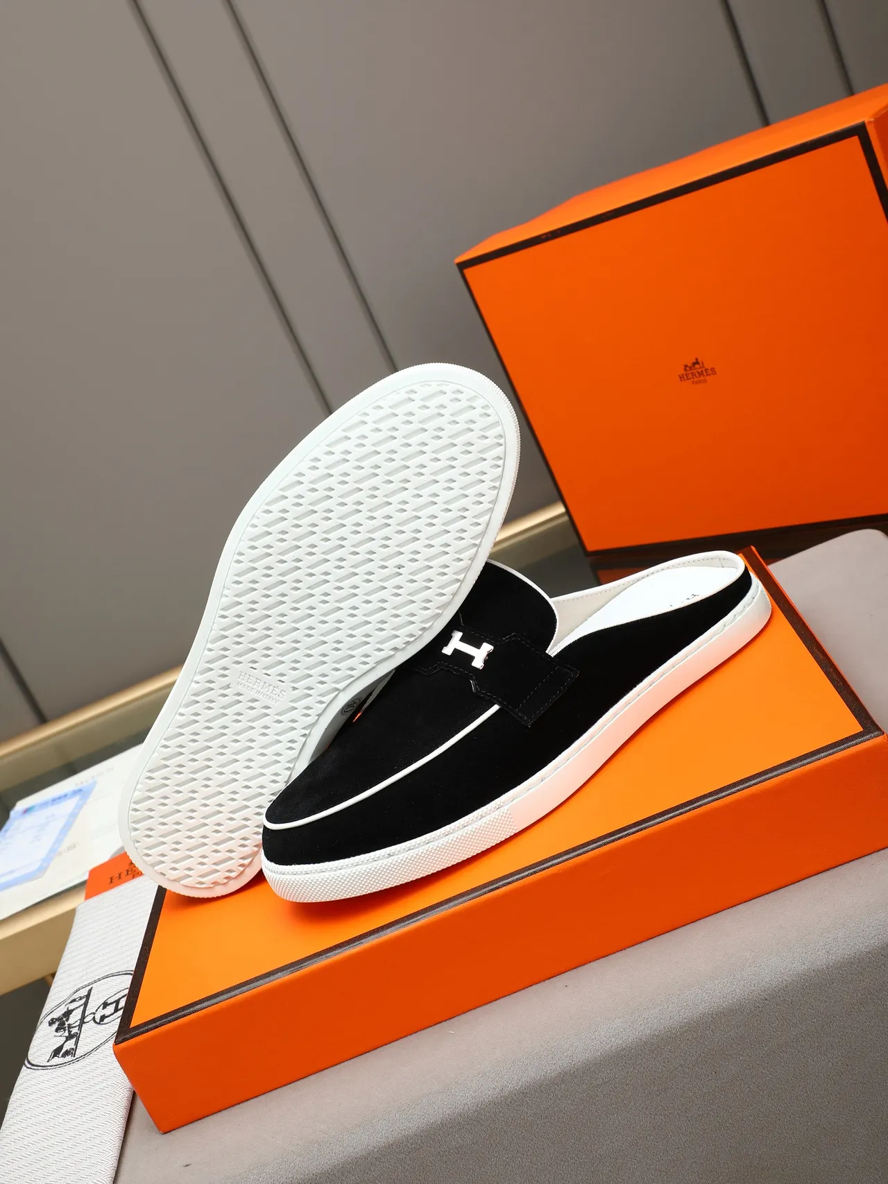 Hermès Black White Suede Contrast Sole Loafer 4