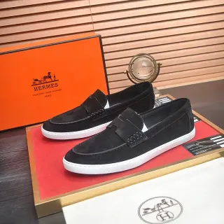 Hermès Negro Blanco Ante Suela de Goma Loafer
