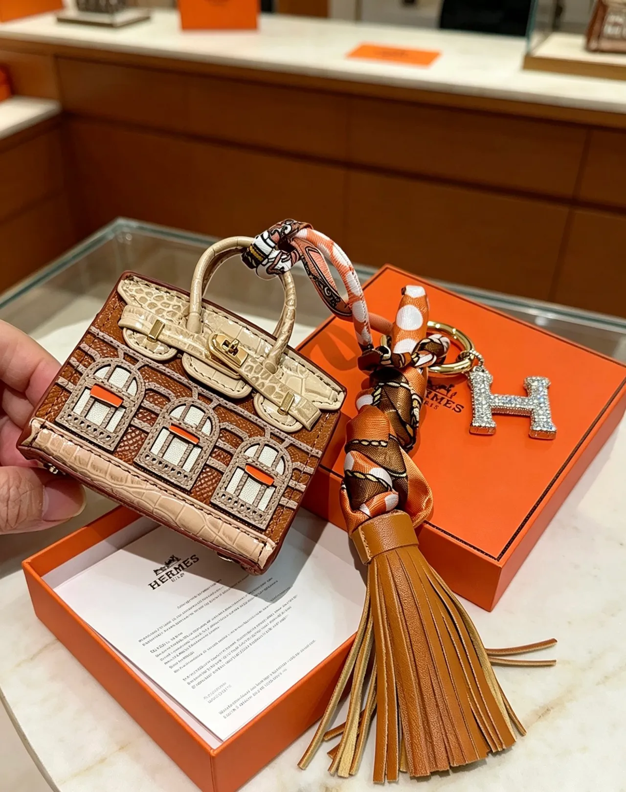 Hermès Brown Beige Miniature Architectural Motif Crocodile-Embossed Leather Tote Bag 5