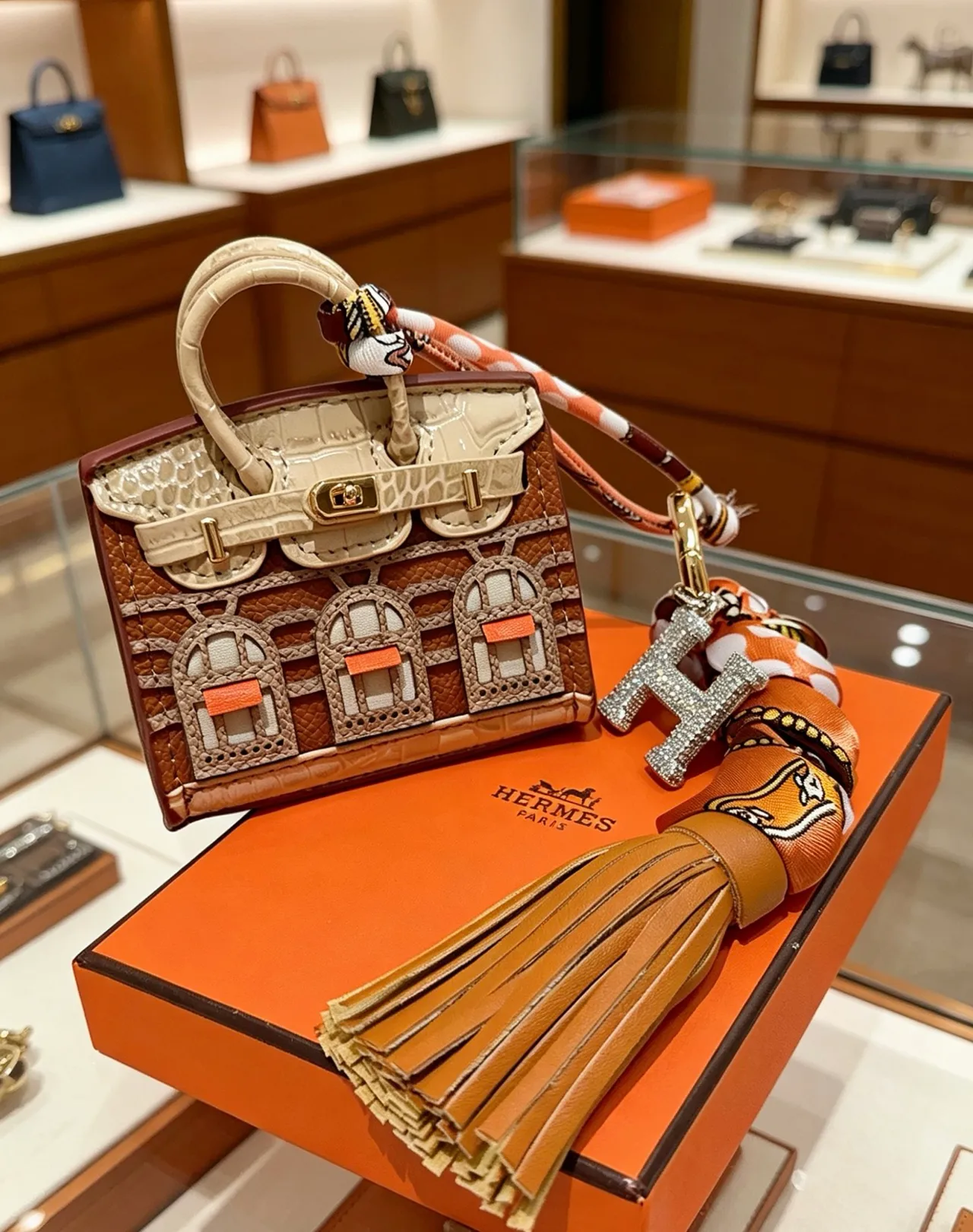 Hermès Brown Beige Miniature Architectural Motif Crocodile-Embossed Leather Tote Bag 6