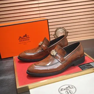 Hermès Brown Gold Polished Leather Two-Tone Construction Loafer