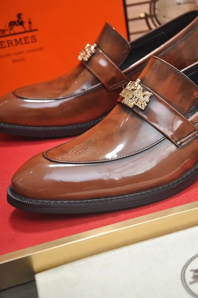 Hermès Brown Gold Polished Leather Two-Tone Construction Loafer 2