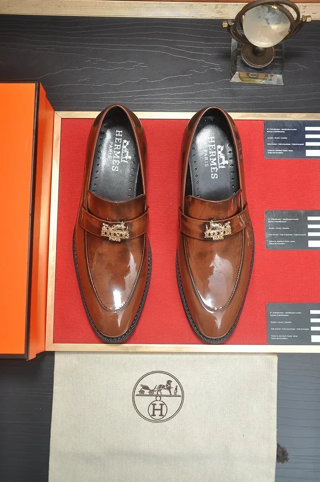 Hermès Brown Gold Polished Leather Two-Tone Construction Loafer 5