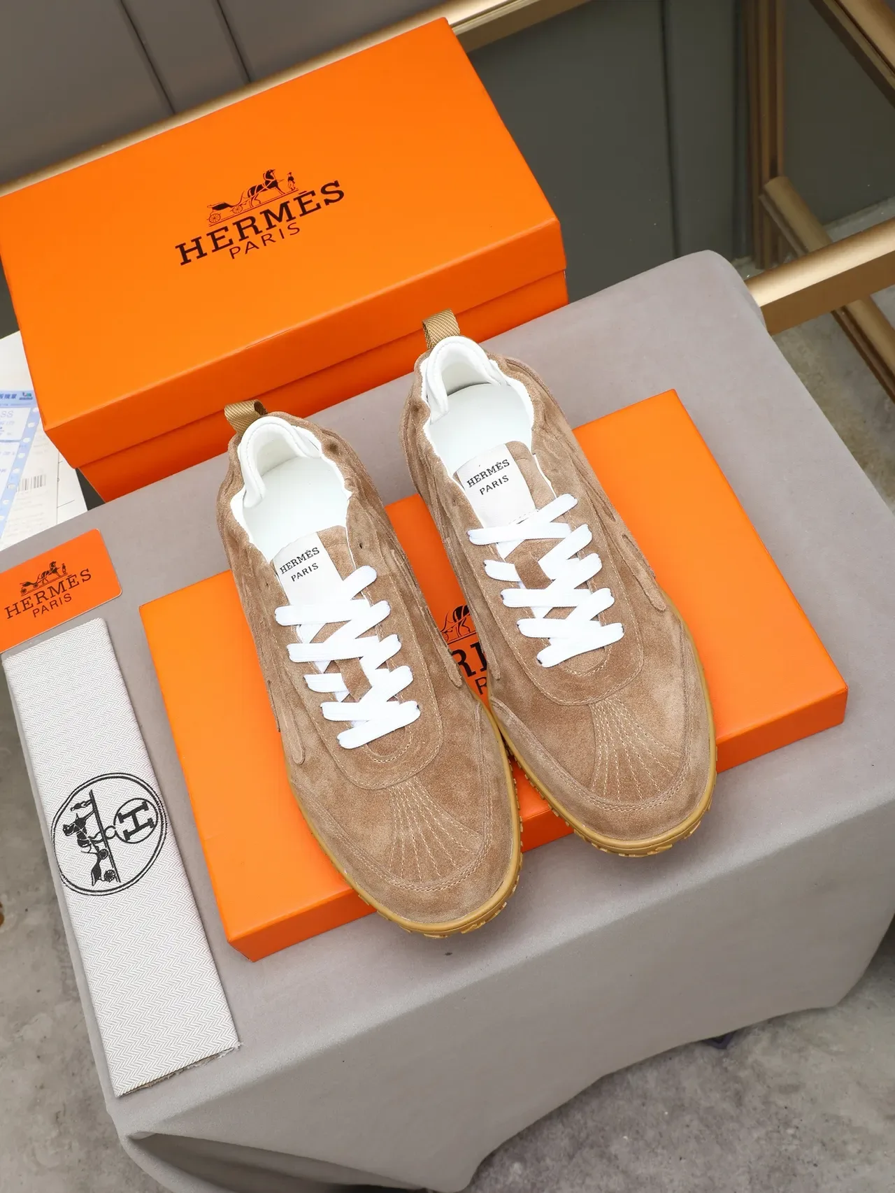 Hermès Brown White Suede Upper Gum Rubber Outsole Sneakers 2
