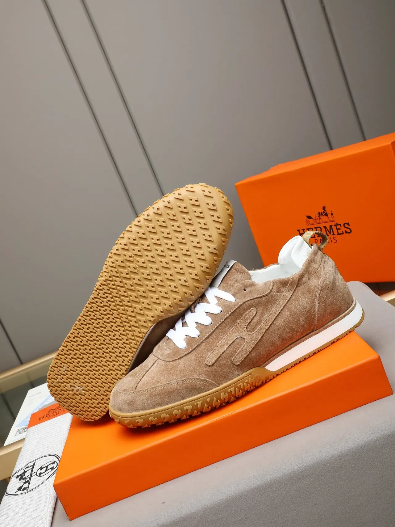Hermès Brown White Suede Upper Gum Rubber Outsole Sneakers 4