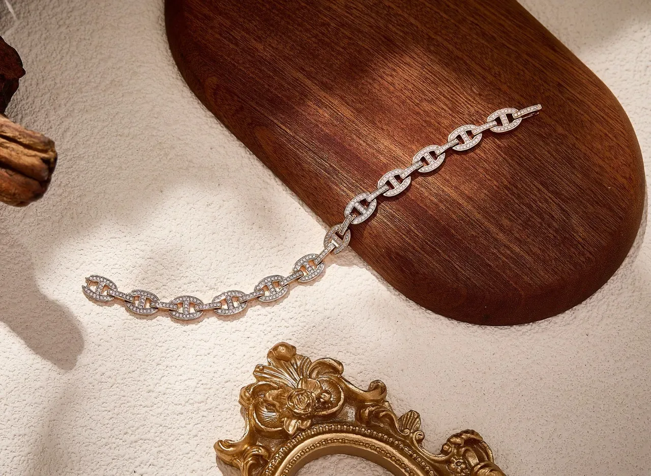 Hermès Chaine d'Ancre Pavé H-Link Silver Bracelet 6