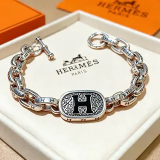 Hermès Chaine d'Ancre Silver Black Heavy Curb-Link Chain Engraved 'H' Motifs Bracelet