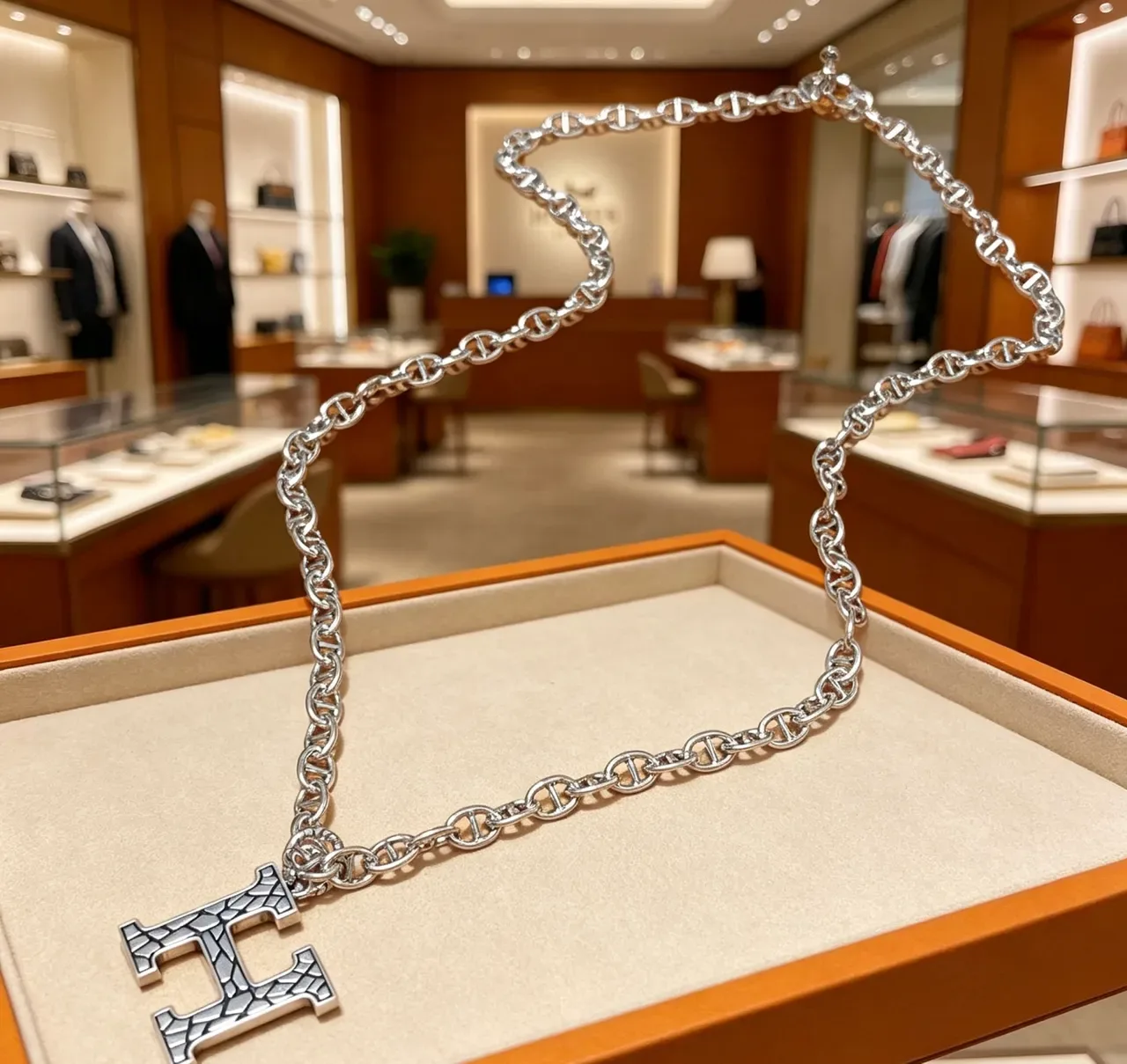 Hermès Chaine d'Ancre Silver Black Link Chain Large Textured 'H' Pendant Necklace 4