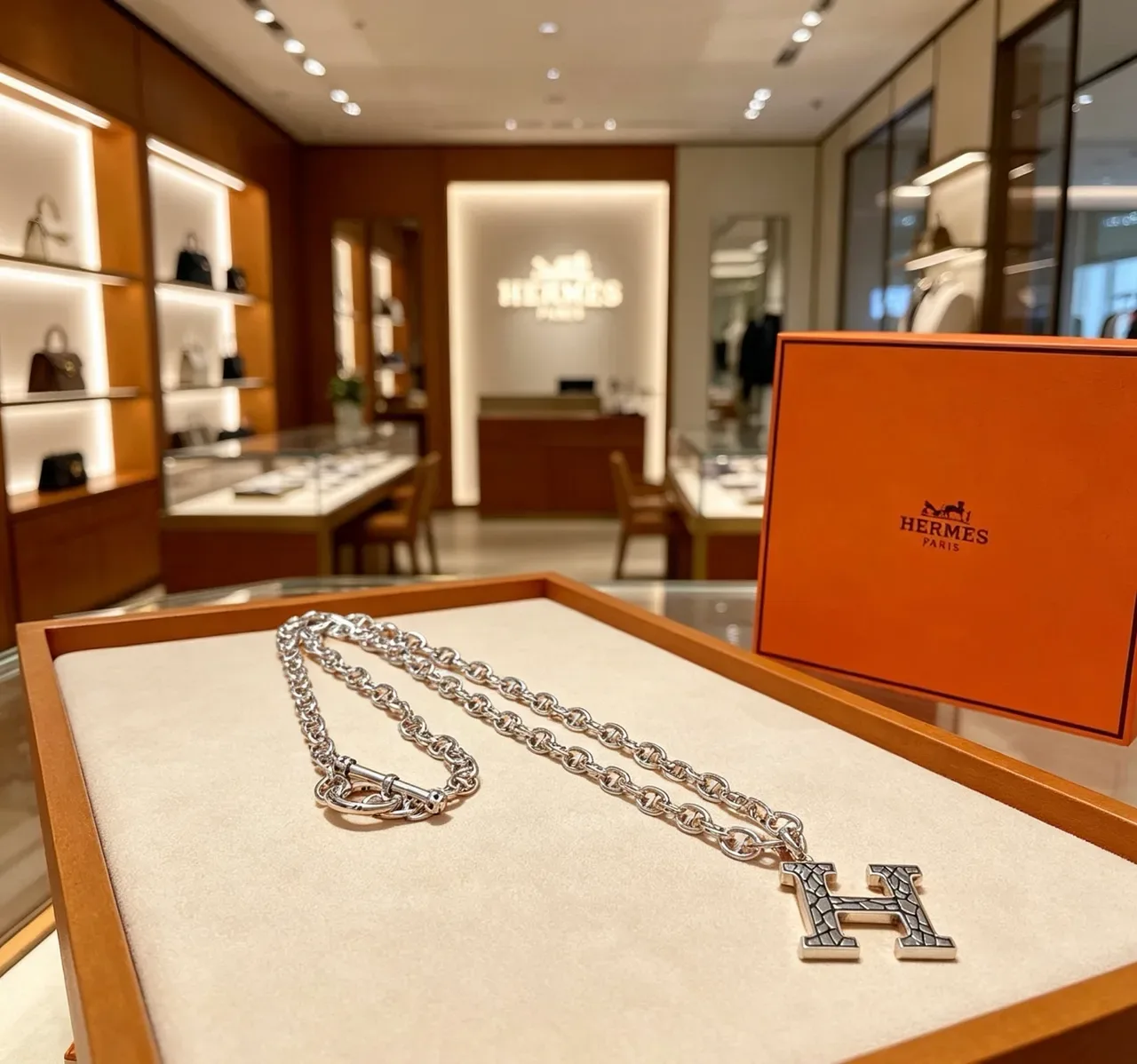 Hermès Chaine d'Ancre Silver Black Link Chain Large Textured 'H' Pendant Necklace 9