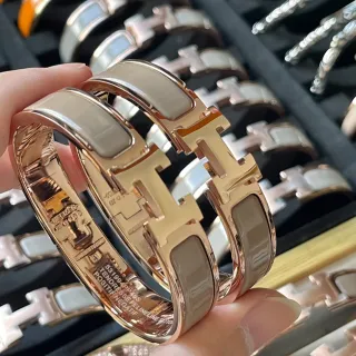 Hermès Clic H Double-Band Rose Gold and Gray Enamel Bracelet