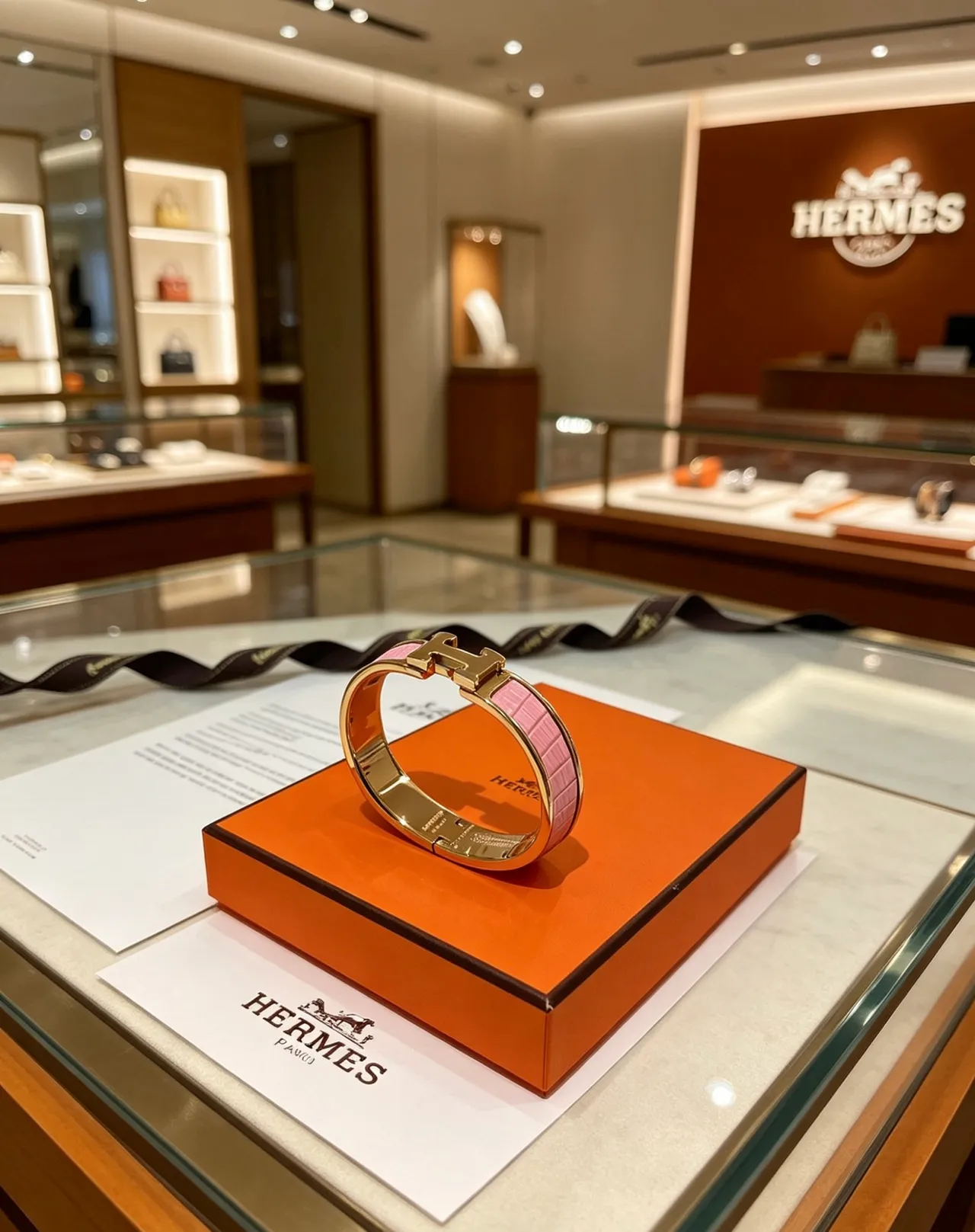 Hermès Clic H Bracelet rigide en cuir d'alligator rose et doré rose 6