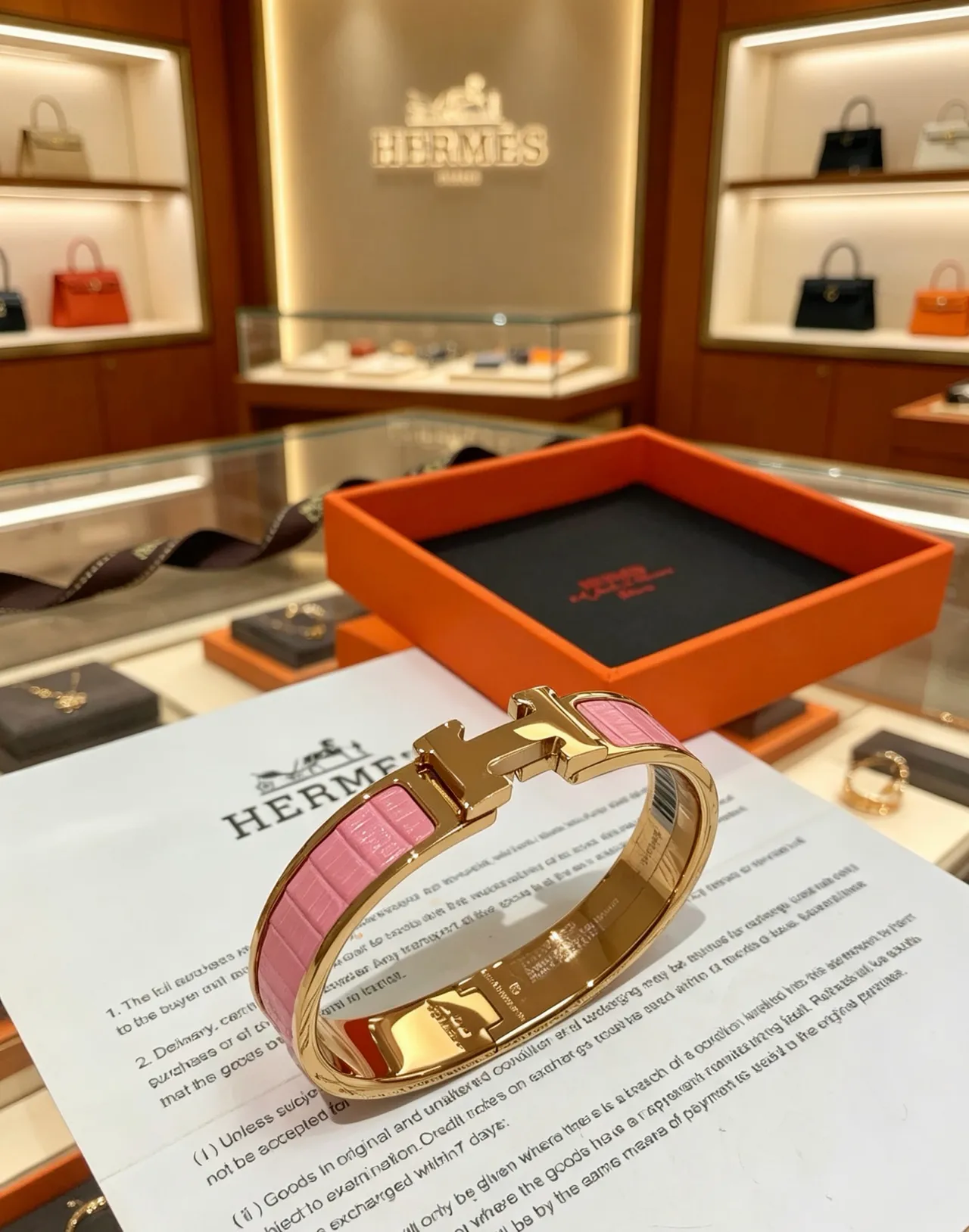 Hermès Clic H Bracelet rigide en cuir d'alligator rose et doré rose 7
