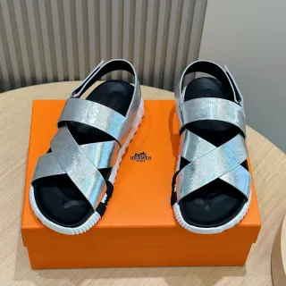 Hermès Cross-Strap Metallic Silver Casual Sandals