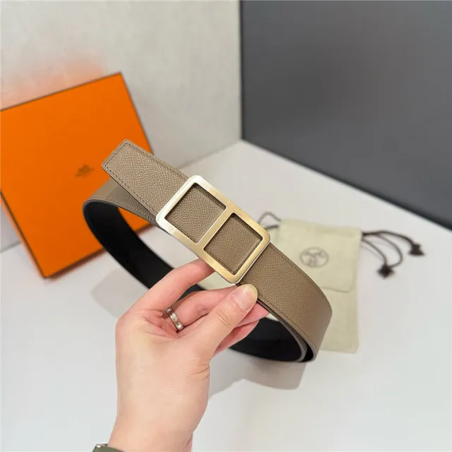 Hermès Double H Buckle Beige Orange Grained Leather Belt 4