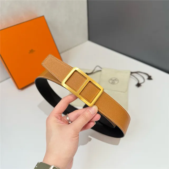 Hermès Double H Buckle Beige Orange Grained Leather Belt 10