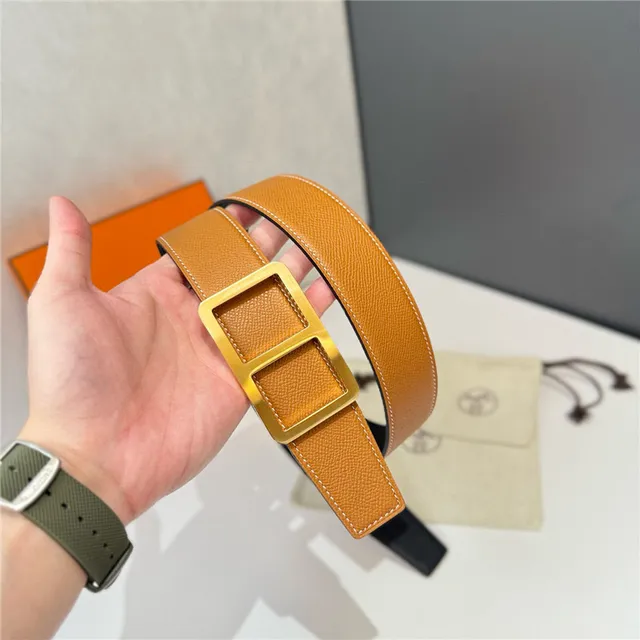 Hermès Double H Buckle Beige Orange Grained Leather Belt 12