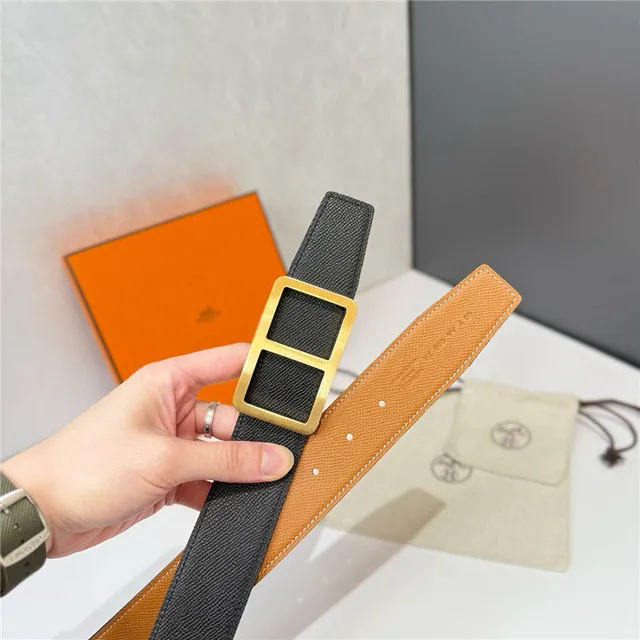 Hermès Double H Buckle Beige Orange Grained Leather Belt 13