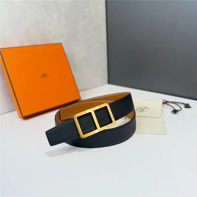 Hermès Double H Buckle Beige Orange Grained Leather Belt 15