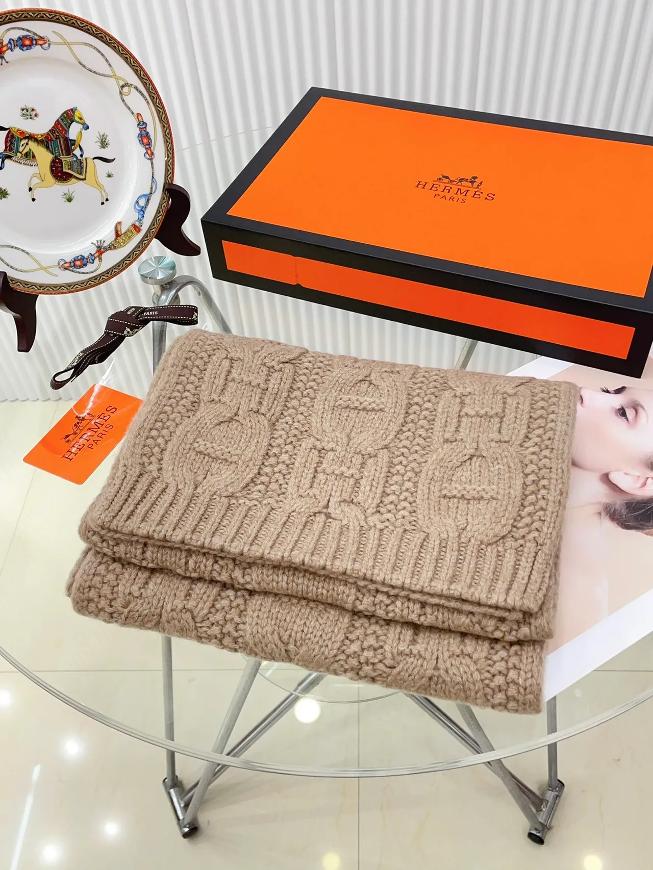 Hermès Écharpe H Beige Cashmere Scarf 6