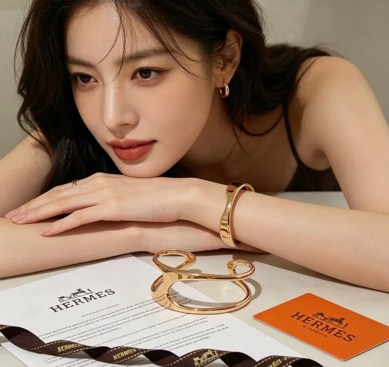 Hermès Dourado Preto Escultural Polida Pulseira 4