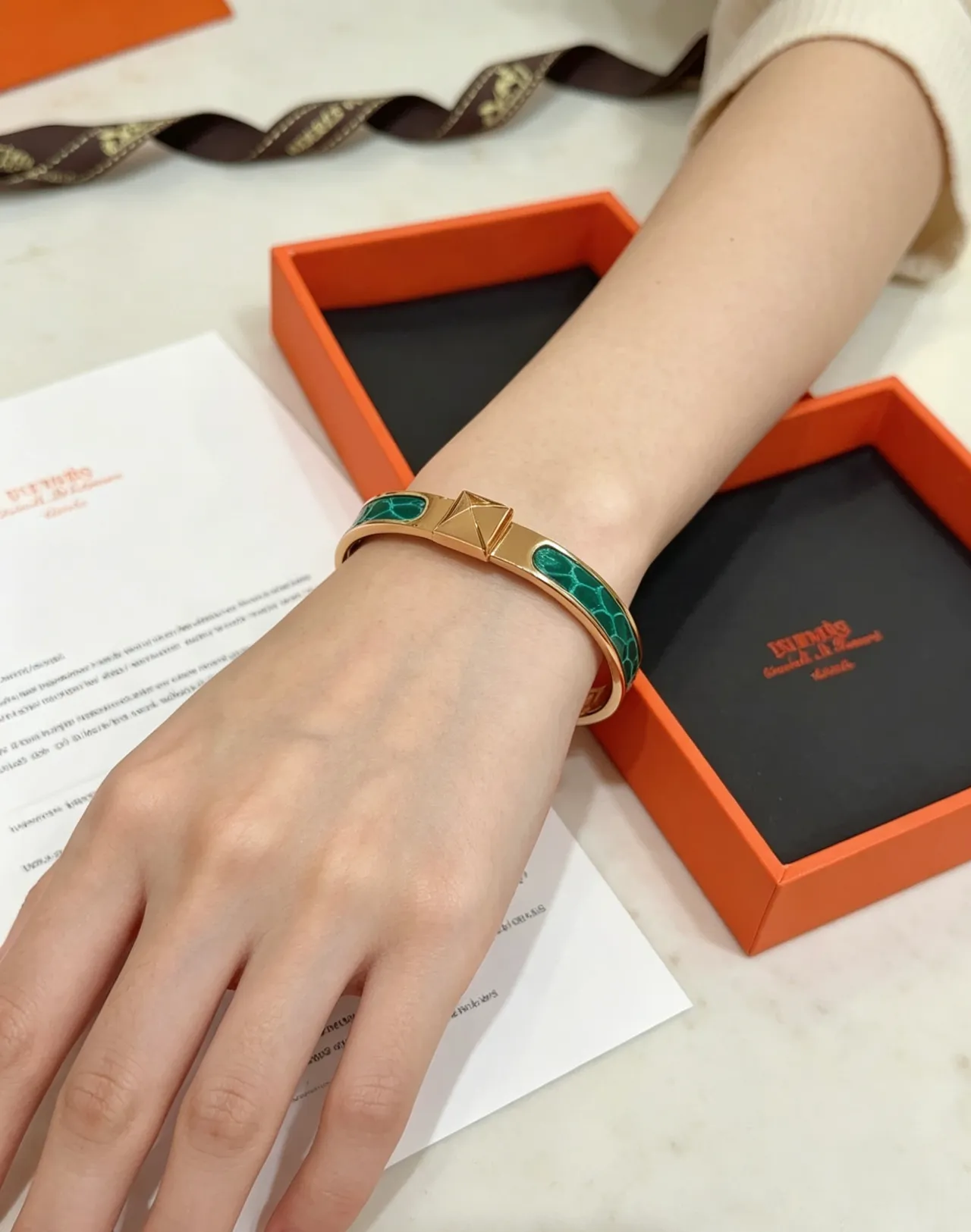 Hermès Gold Green Metal Malachite Enamel Bracelet 2