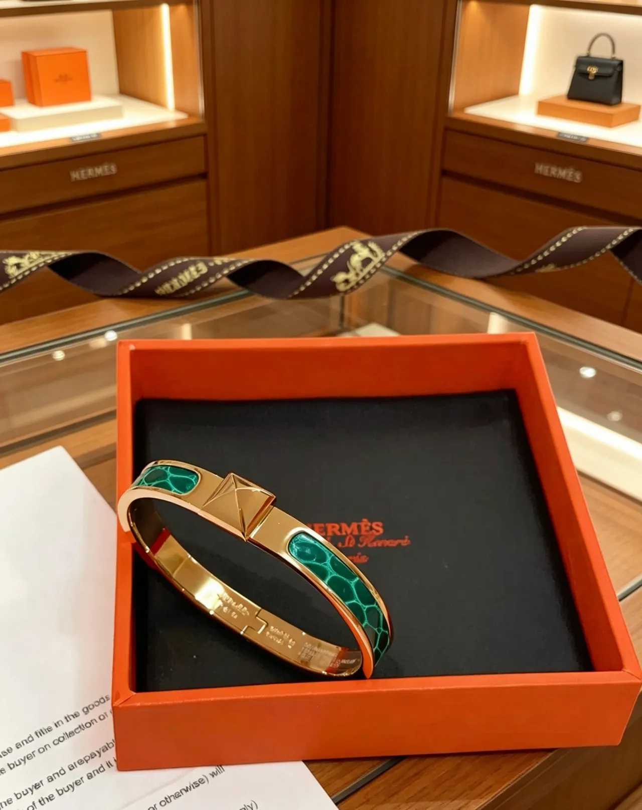 Hermès Gold Green Metal Malachite Enamel Bracelet 3