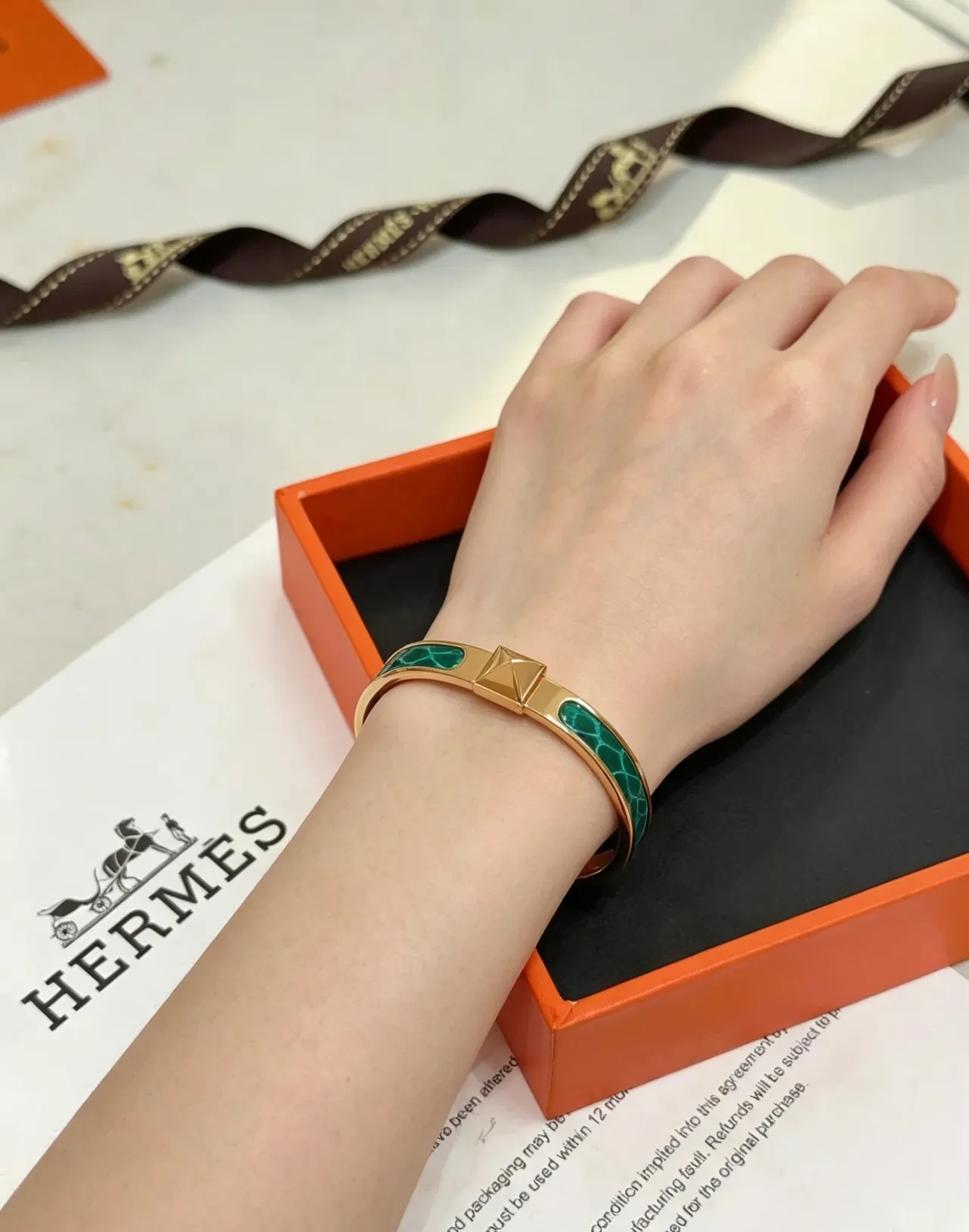 Hermès Gold Green Metal Malachite Enamel Bracelet 4