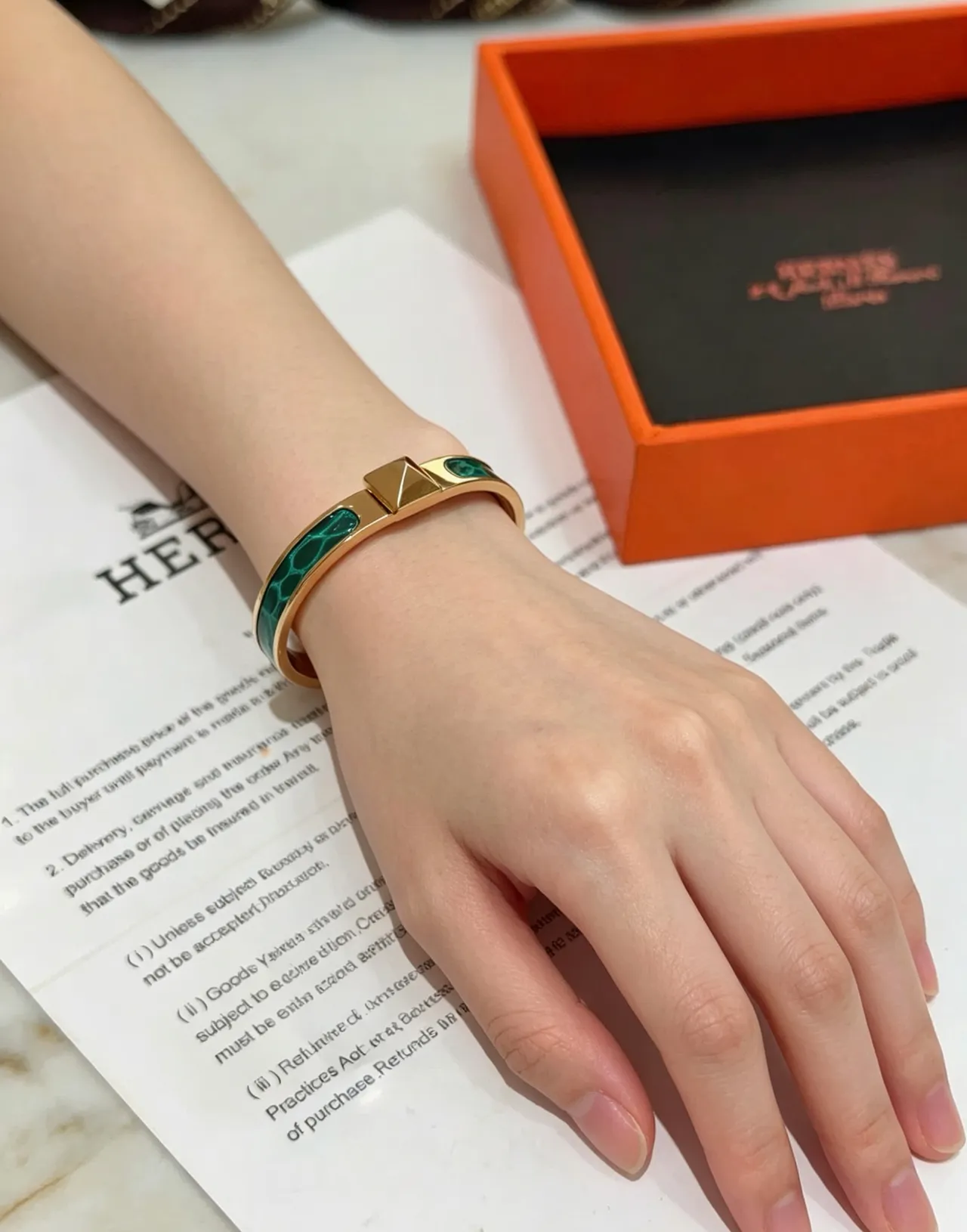 Hermès Gold Green Metal Malachite Enamel Bracelet 7