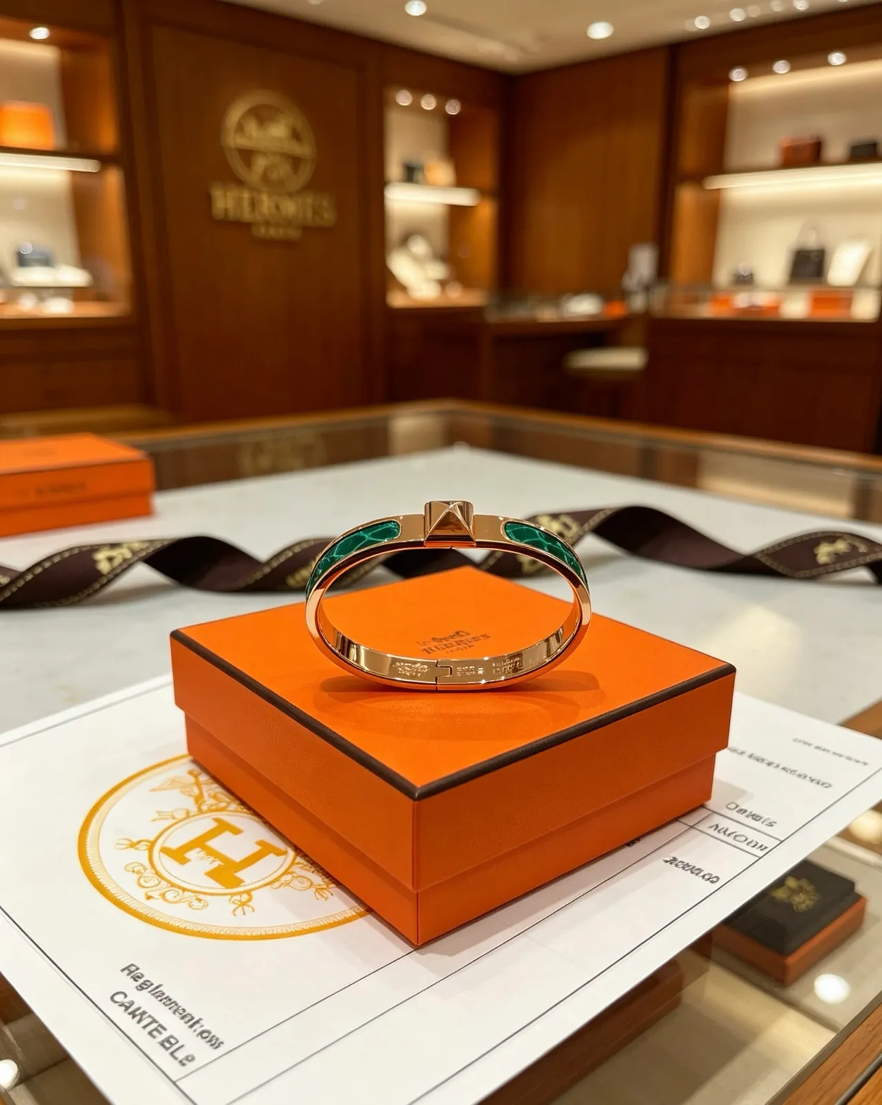 Hermès Gold Green Metal Malachite Enamel Bracelet 8
