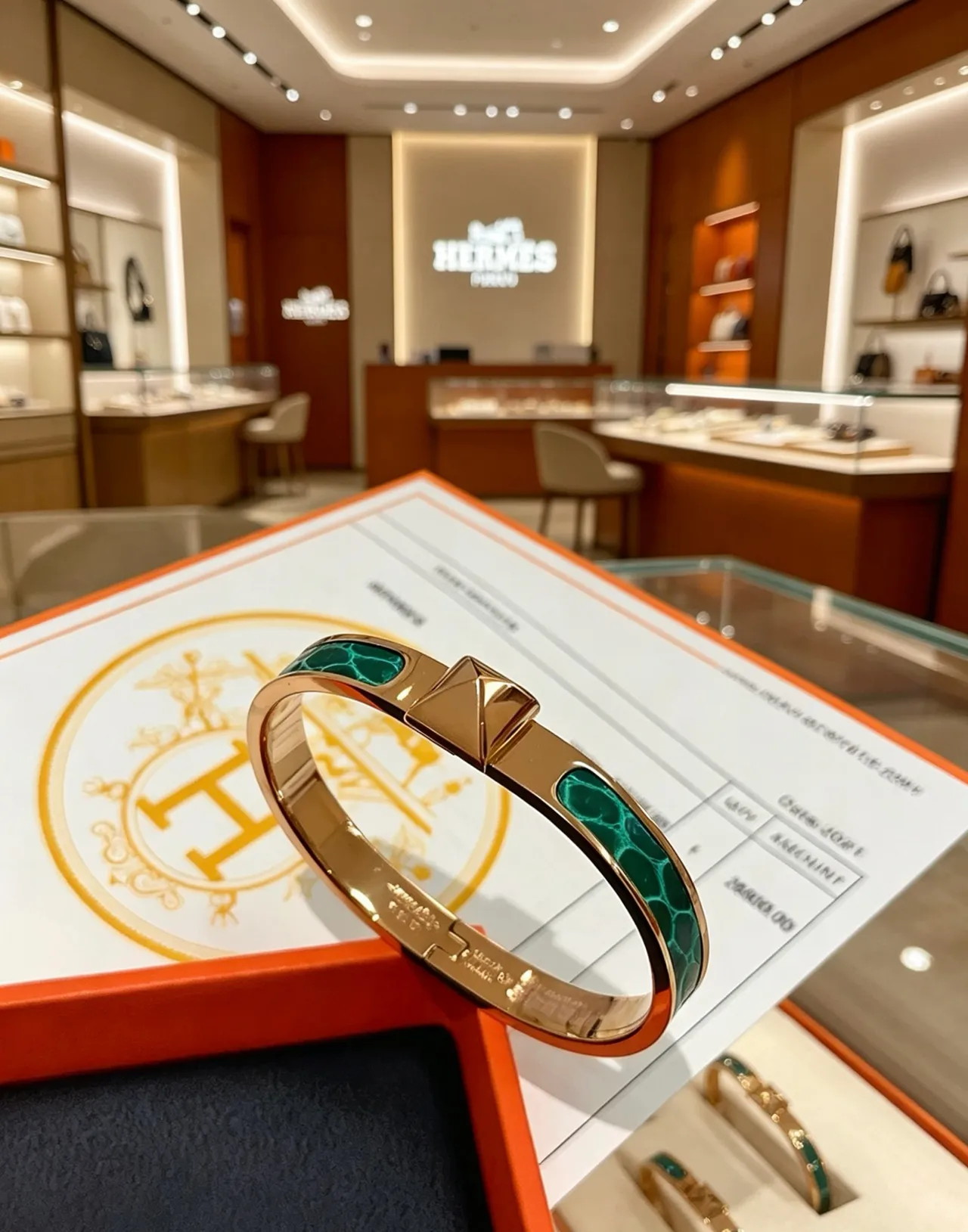 Hermès Gold Green Metal Malachite Enamel Bracelet 9