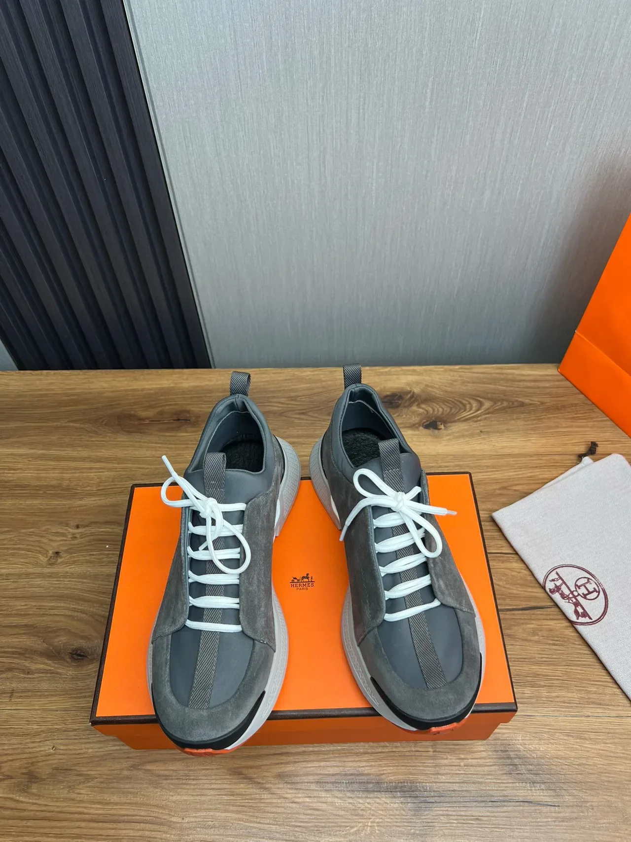 Hermès Gray Orange Suede Upper White Laces Sneakers 2