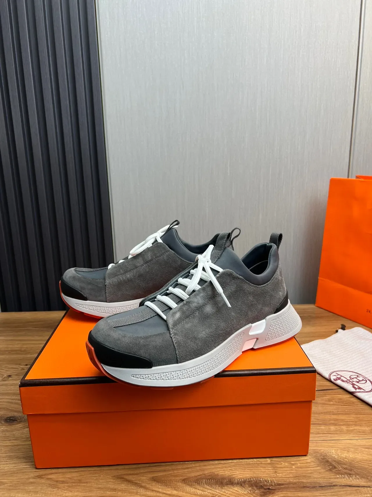 Hermès Gray Orange Suede Upper White Laces Sneakers 3