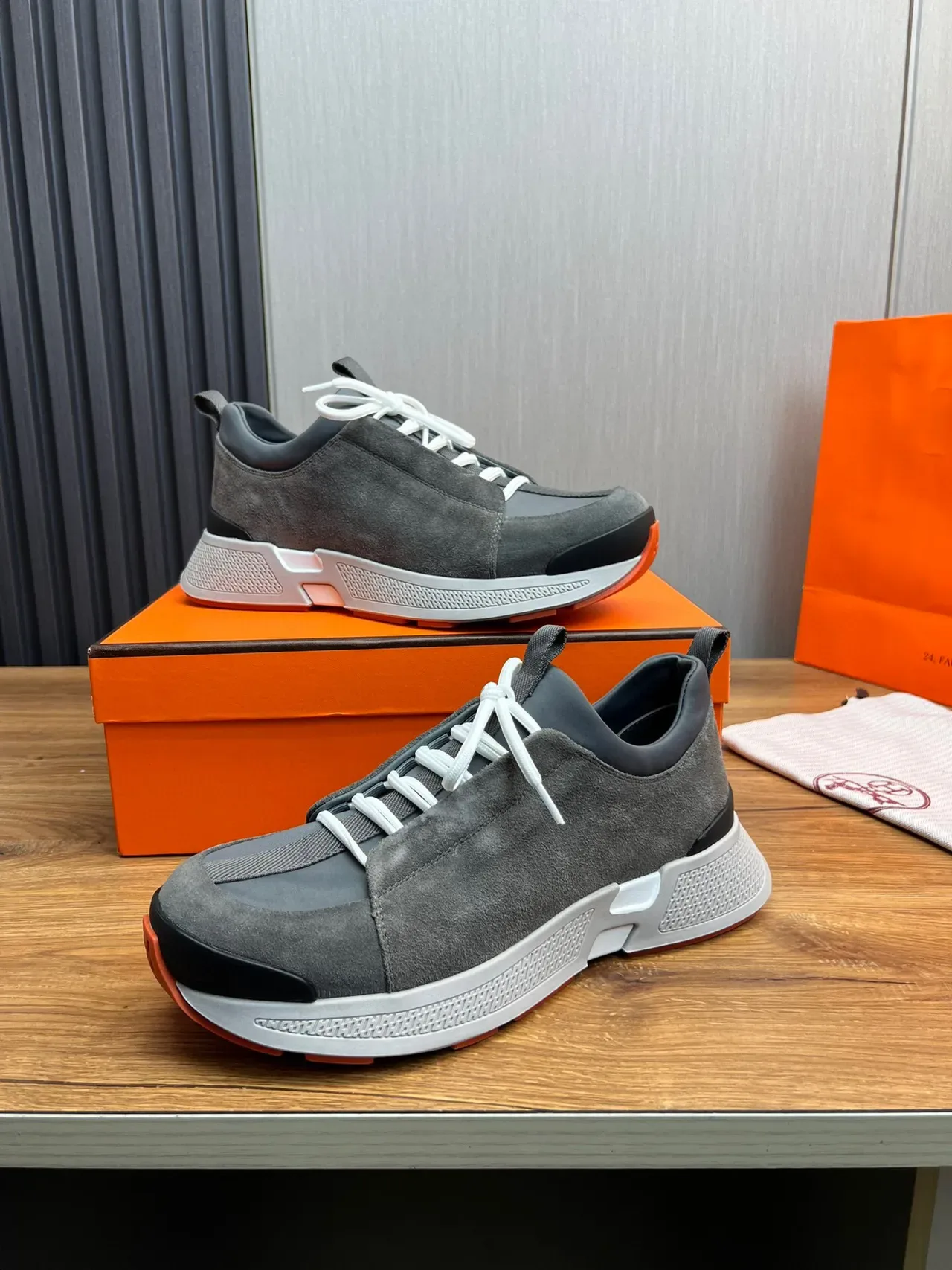 Hermès Gray Orange Suede Upper White Laces Sneakers 4