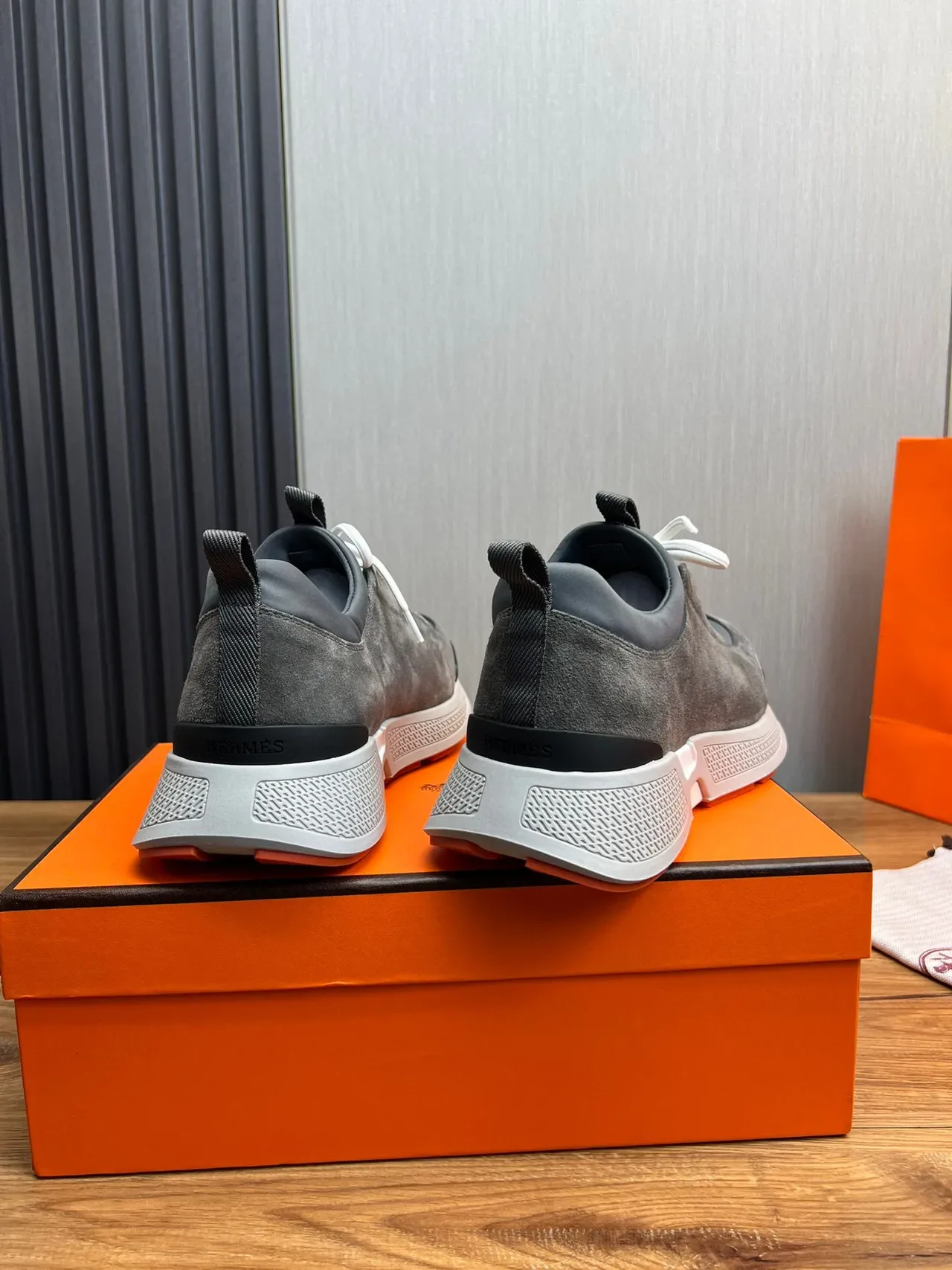 Hermès Gray Orange Suede Upper White Laces Sneakers 5