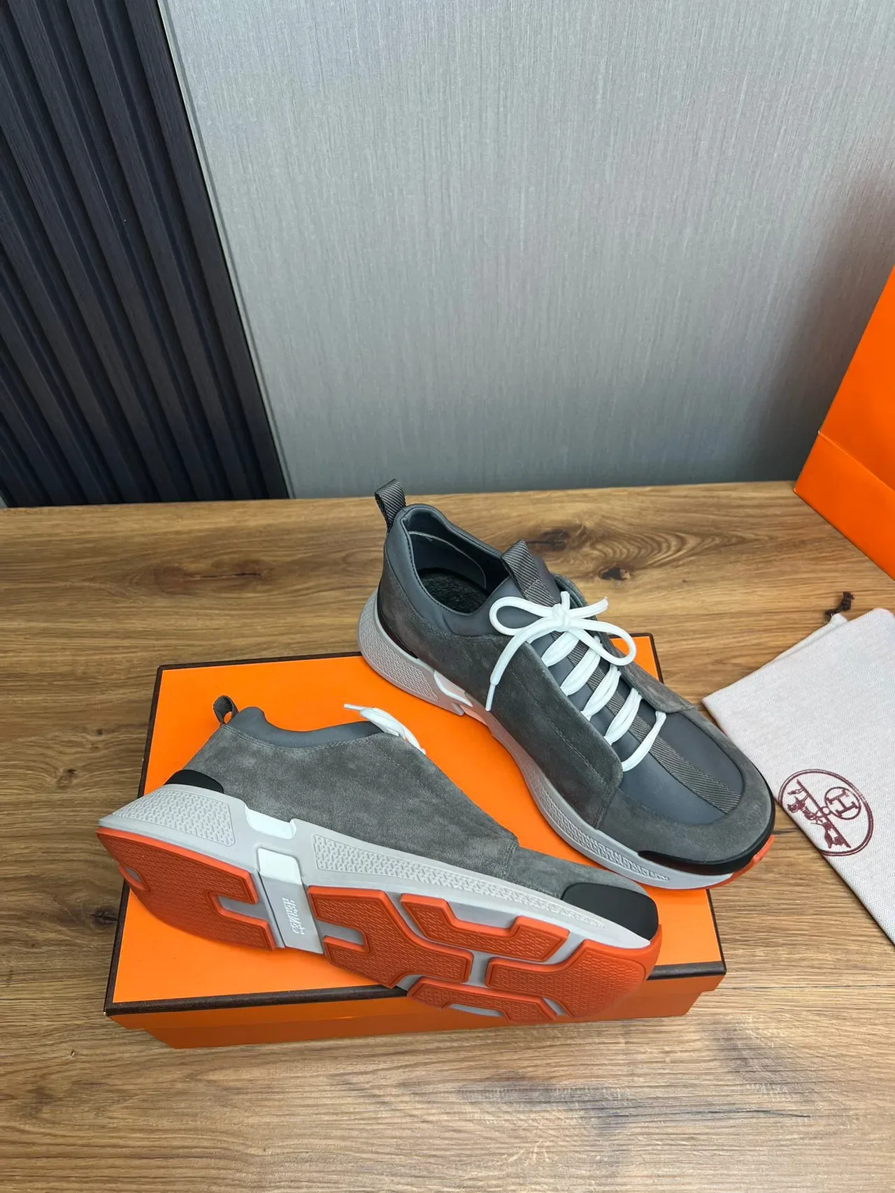 Hermès Gray Orange Suede Upper White Laces Sneakers 6