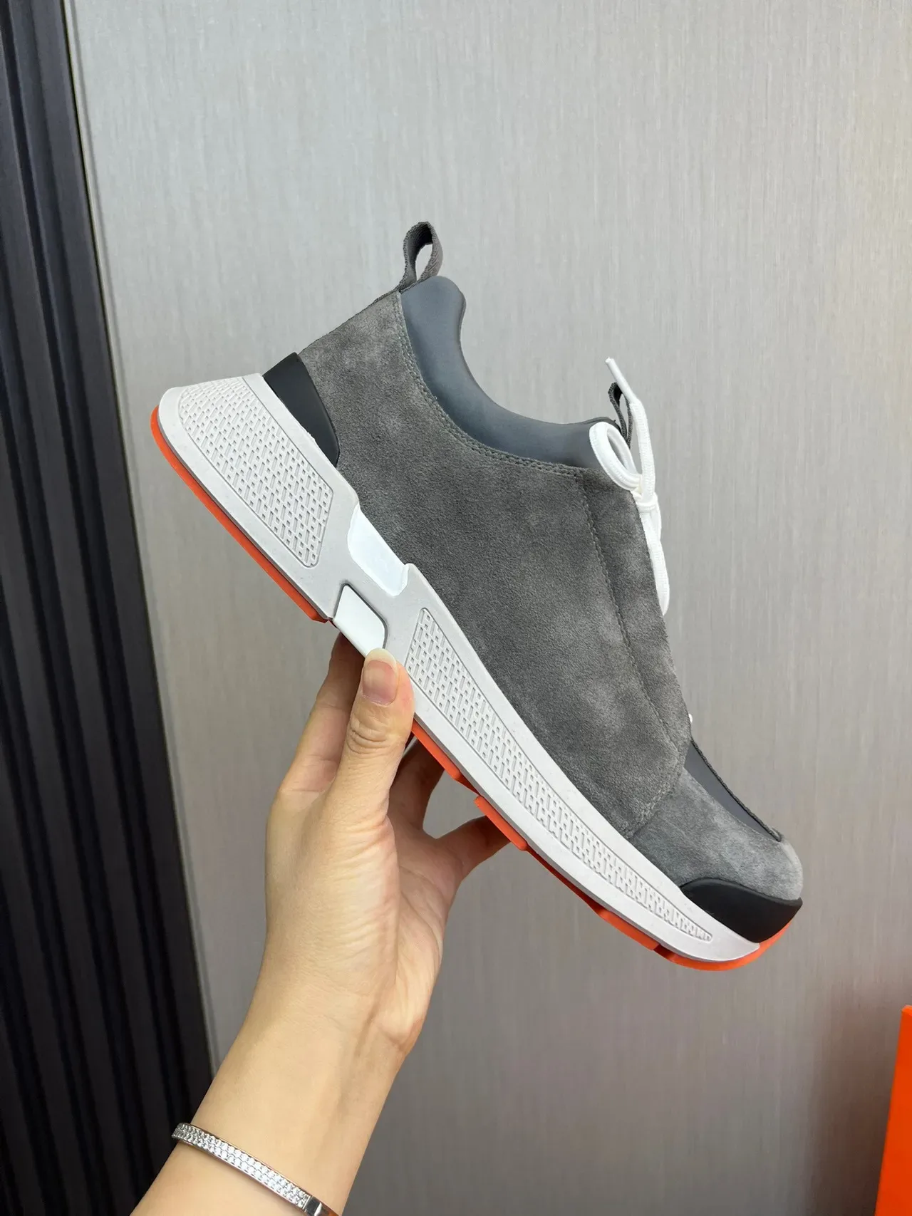 Hermès Gray Orange Suede Upper White Laces Sneakers 7