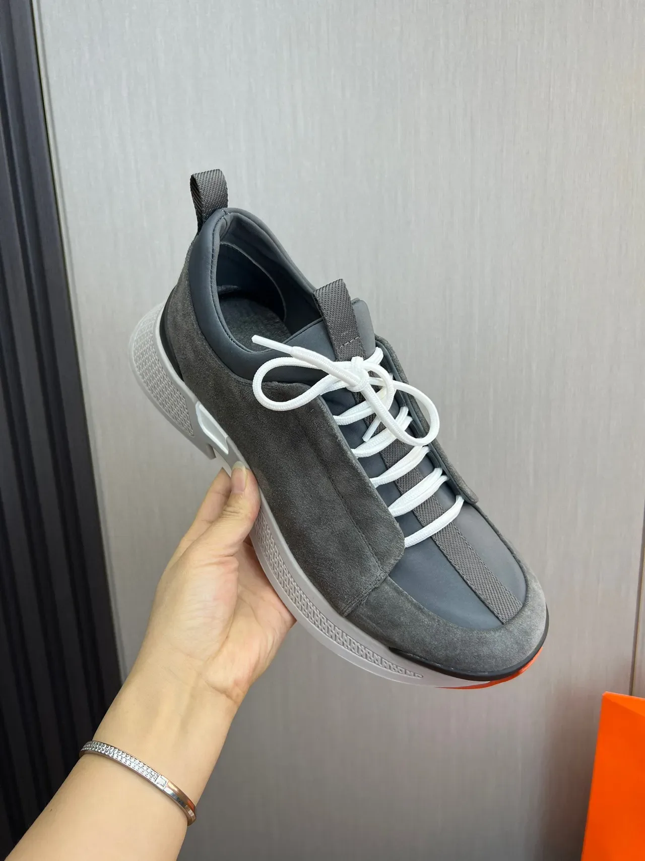 Hermès Gray Orange Suede Upper White Laces Sneakers 8