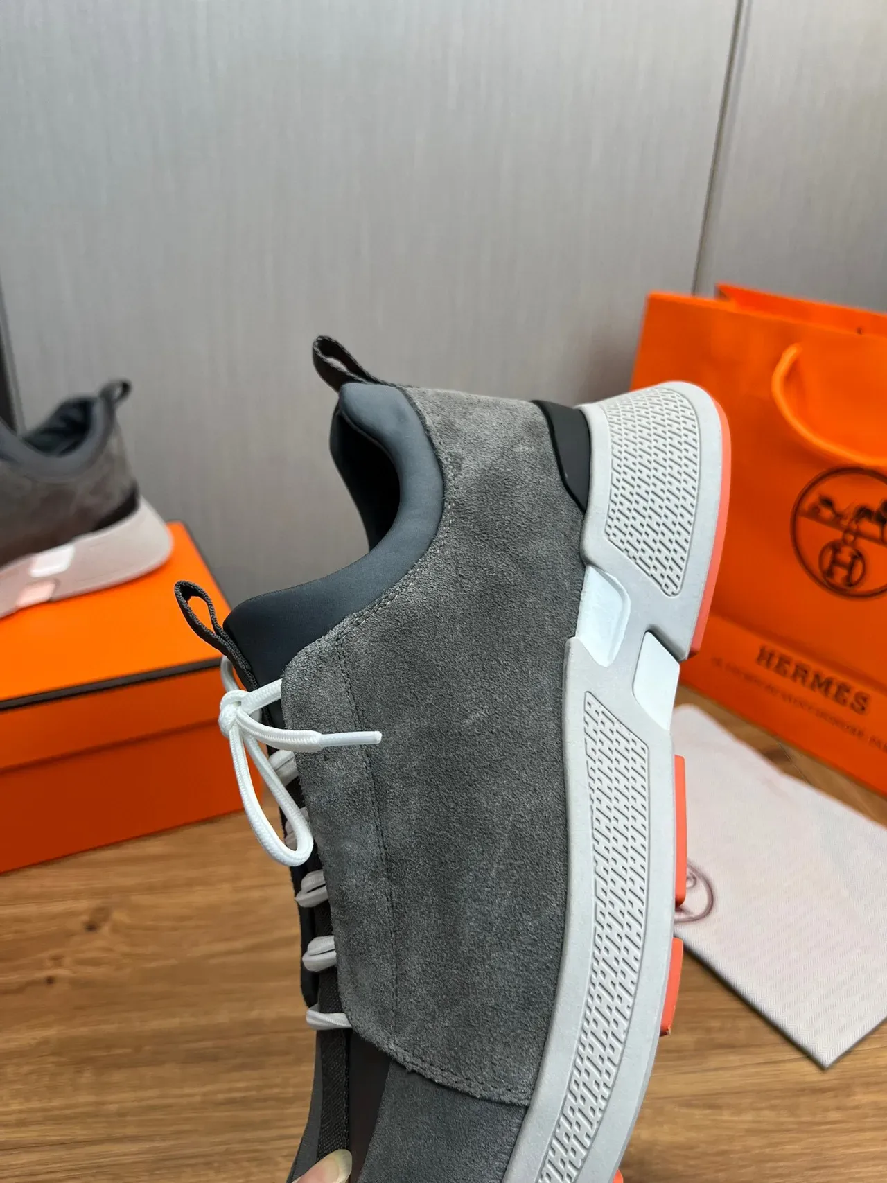 Hermès Gray Orange Suede Upper White Laces Sneakers 9