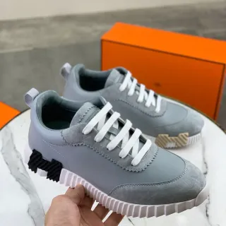 Hermès Gray White Suede-Leather Hybrid Upper Flat Laces Lifestyle Sneakers