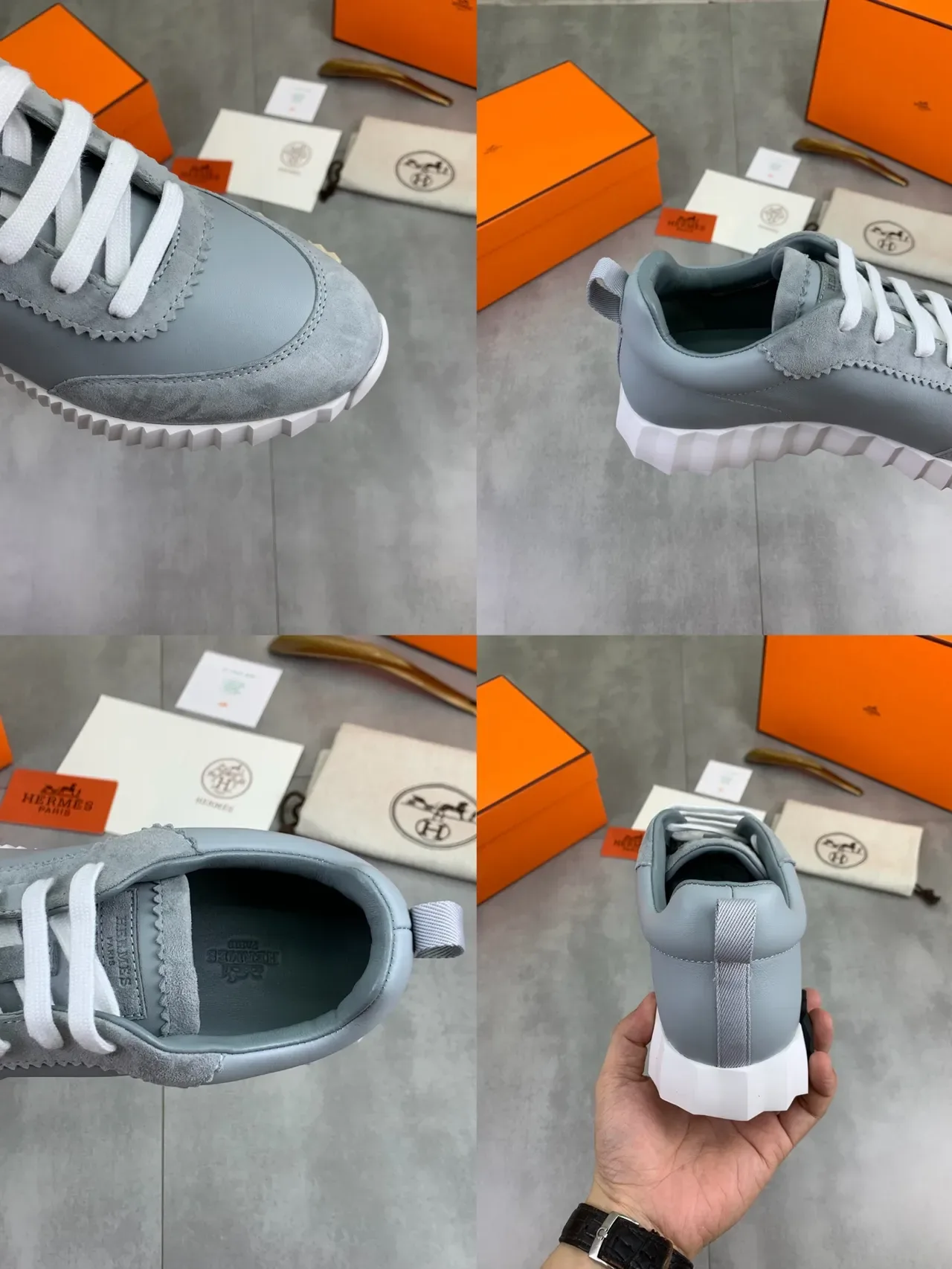 Hermès Gray White Suede-Leather Hybrid Upper Flat Laces Lifestyle Sneakers 2