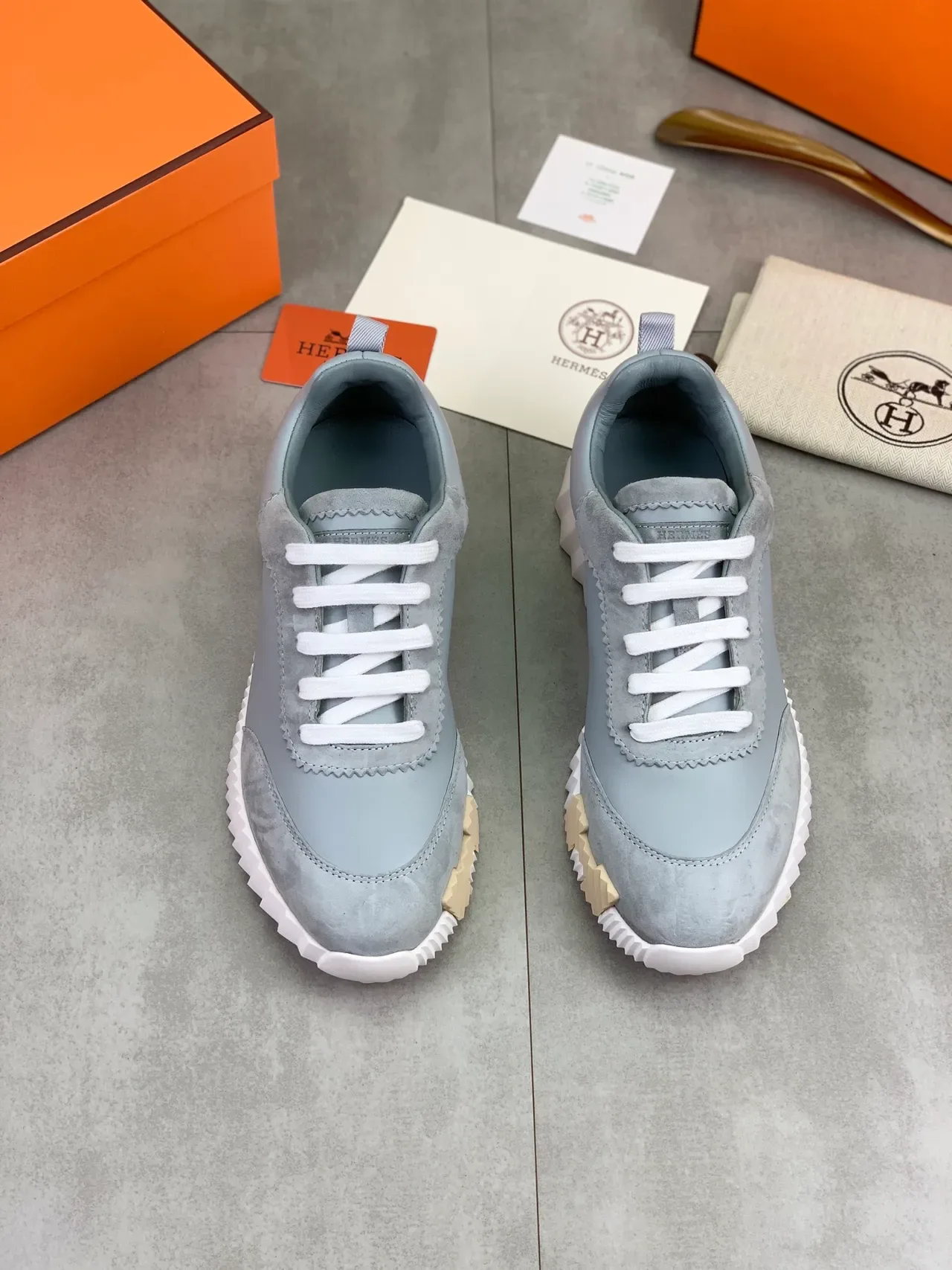 Hermès Gray White Suede-Leather Hybrid Upper Flat Laces Lifestyle Sneakers 4