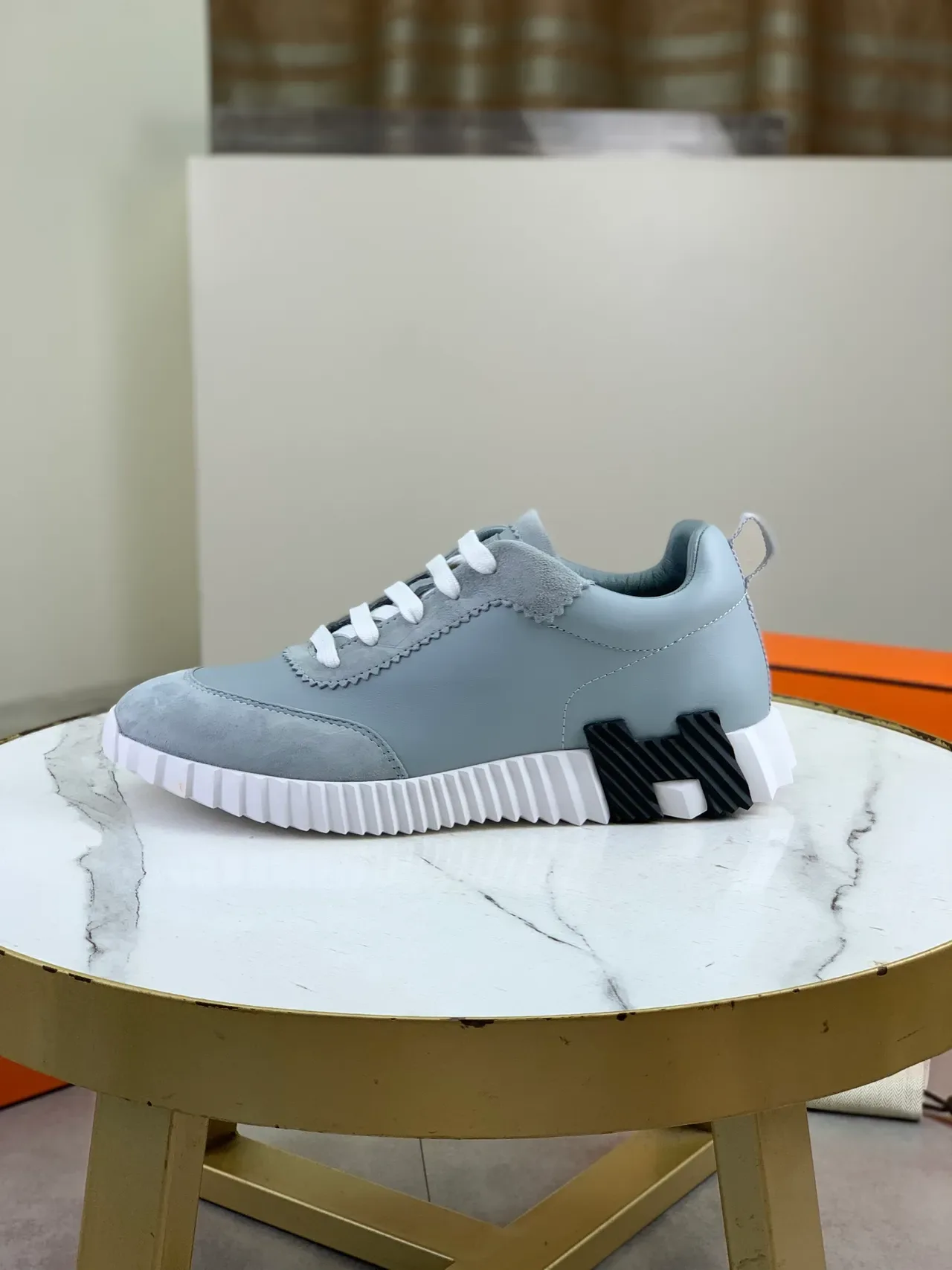 Hermès Gray White Suede-Leather Hybrid Upper Flat Laces Lifestyle Sneakers 5