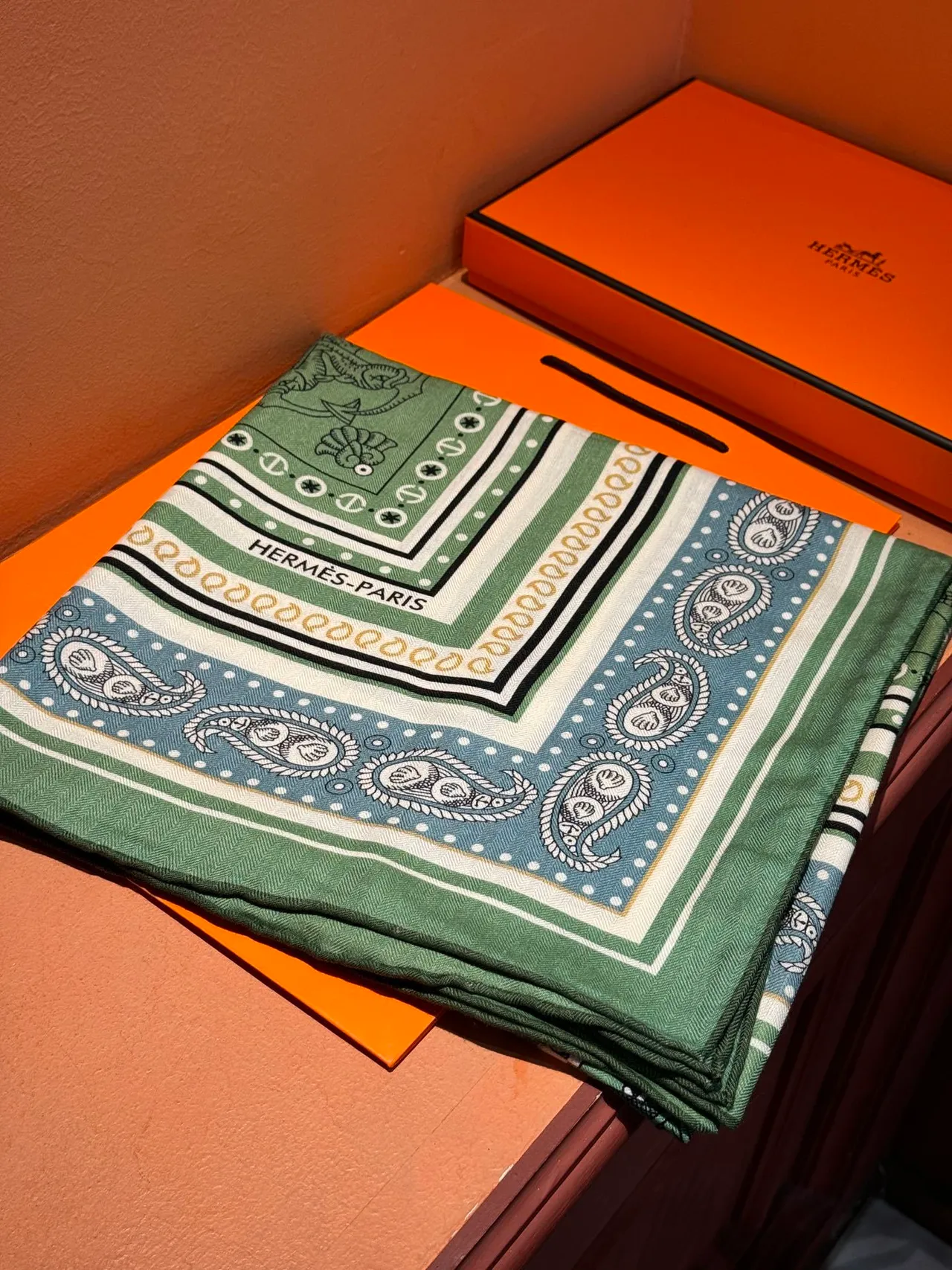 Hermès Écharpe de soie verte bleue imprimée motif d'ancre et dauphin, bordure de cachemire 6