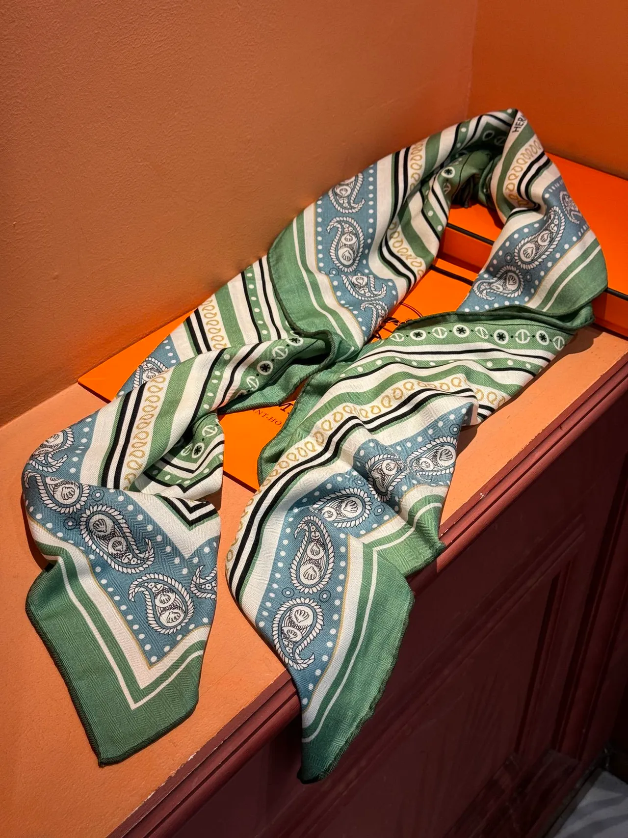 Hermès Écharpe de soie verte bleue imprimée motif d'ancre et dauphin, bordure de cachemire 7