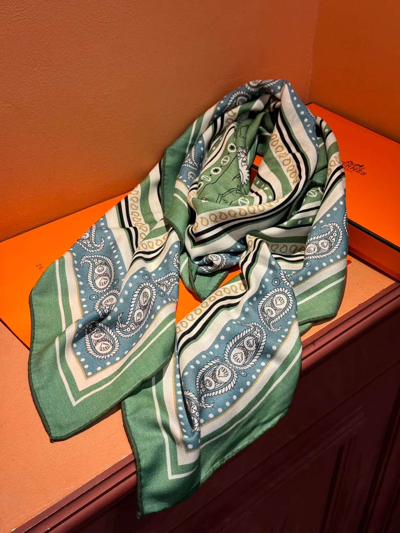 Hermès Écharpe de soie verte bleue imprimée motif d'ancre et dauphin, bordure de cachemire 8