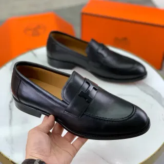 Hermès H Mocassins Couro Preto Forro Tan